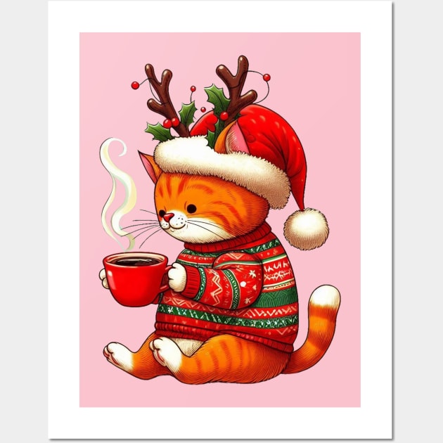 I Love Coffee Christmas And Cats, Cat And Coffee Wall Art by BukovskyART